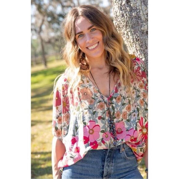 Natural Life Easy V-Neck Short Sleeve Top Pink Mustard Floral Women’s size Small - Picture 11 of 12